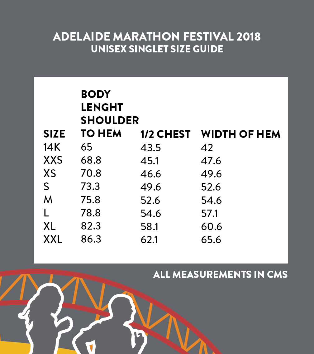 2018 Adelaide Marathon Festival Unisex Singlet Size Guide
